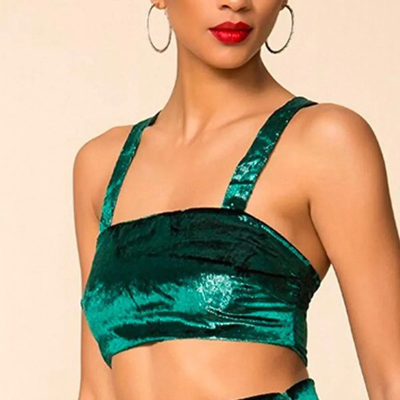 Superdown Dorian Green Shimmer Velvet Crop Top Size M - Picture 1 of 8